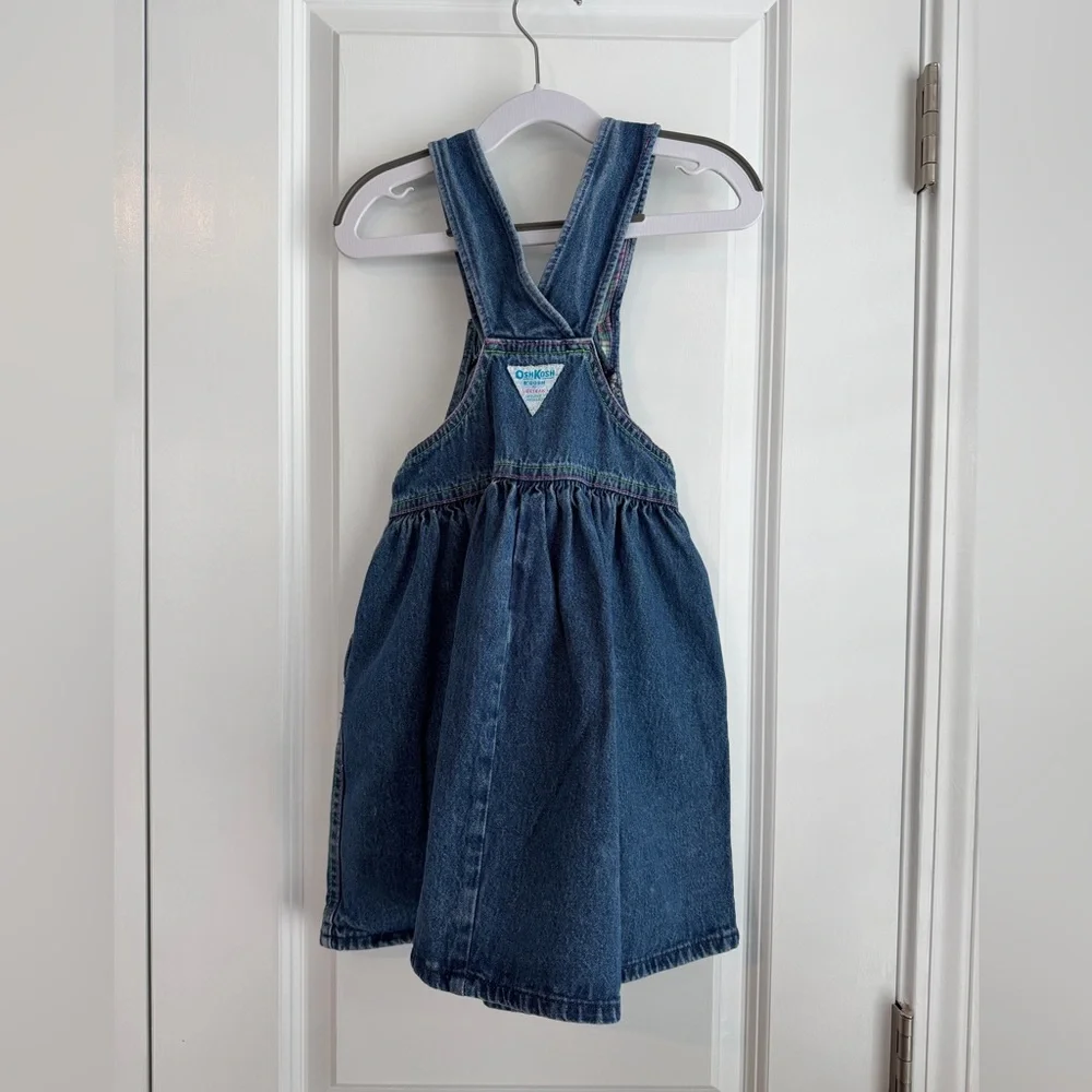 Vintage OshKosh Made in USA Girls Denim Neon Plaid Dress Size 6